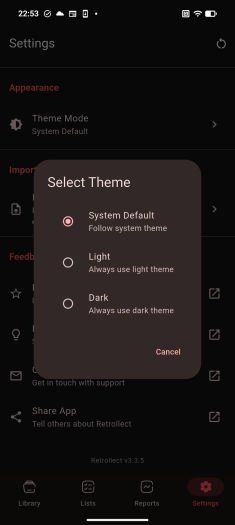 Über das Optionsmenü kann man zwischen einem Light- und Dark-Mode wechseln. (Screenshot: Retrollect / Medienagentur Plassma)